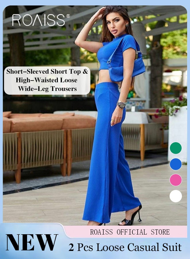 roaiss Women 2 Piece Casual Set Short Sleeve Crop Top & High Waisted Wide Leg Loose Fit Long Pants Classic and Timeless Solid Color Design Loose Fit to Enhance the Figure Women Business Casual Set  - Image 2
