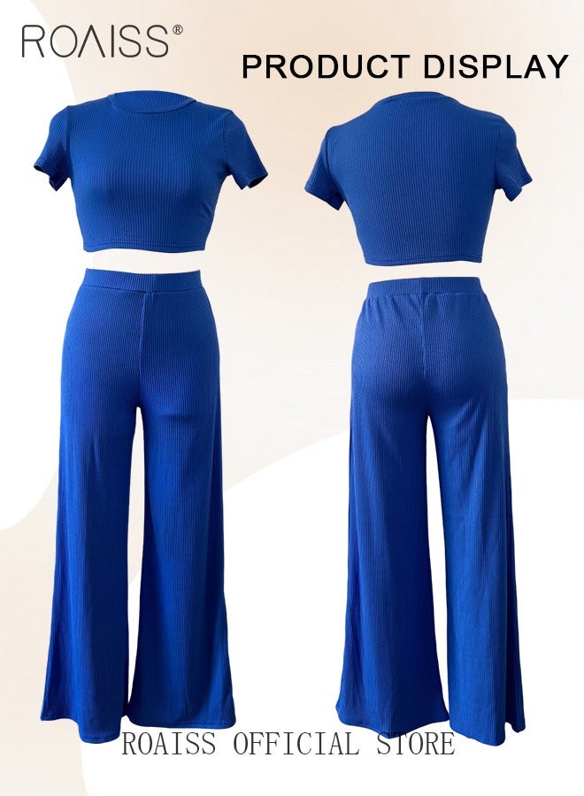 roaiss Women 2 Piece Casual Set Short Sleeve Crop Top & High Waisted Wide Leg Loose Fit Long Pants Classic and Timeless Solid Color Design Loose Fit to Enhance the Figure Women Business Casual Set  - Image 4