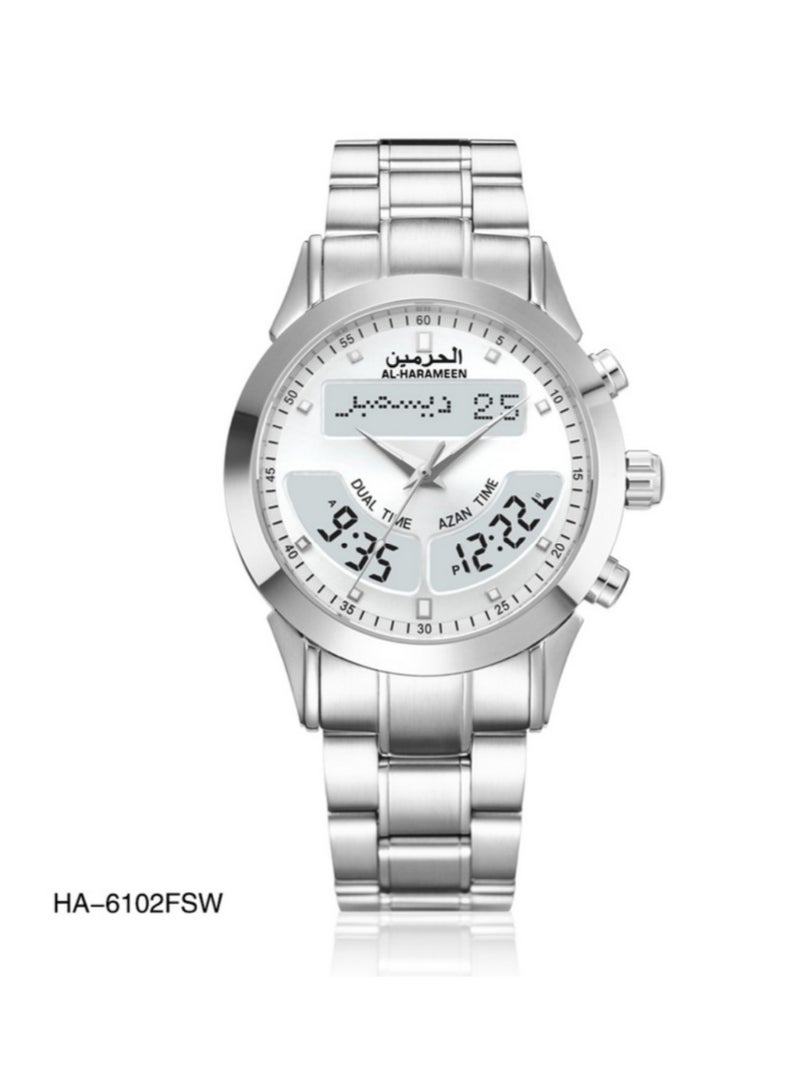 الحرمين ساعة الحرمين HA-6102FSW الإسلامية للرجال - شاشة عرض تناظرية ورقمية، أوقات الأذان العالمية، اتجاه القبلة، التقويم الهجري والميلادي، سوار من الفولاذ المقاوم للصدأ، مقاومة للماء