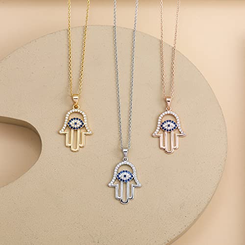 SLOONG 925 Sterling Silver Evil Eye Hamsa Hand Necklace 14k Gold Plated Third Eye White Blue Cz Womens Pendant Necklace - Image 4