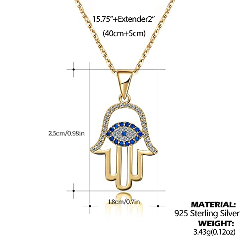 SLOONG 925 Sterling Silver Evil Eye Hamsa Hand Necklace 14k Gold Plated Third Eye White Blue Cz Womens Pendant Necklace - Image 3