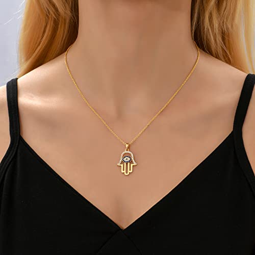 SLOONG 925 Sterling Silver Evil Eye Hamsa Hand Necklace 14k Gold Plated Third Eye White Blue Cz Womens Pendant Necklace - Image 2
