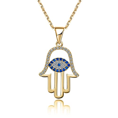 SLOONG 925 Sterling Silver Evil Eye Hamsa Hand Necklace 14k Gold Plated Third Eye White Blue Cz Womens Pendant Necklace - Image 1