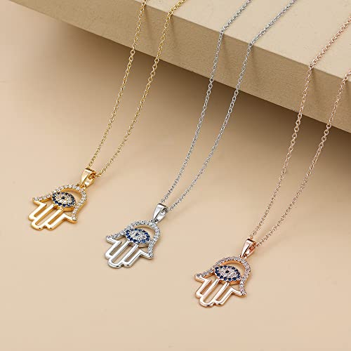 SLOONG 925 Sterling Silver Evil Eye Hamsa Hand Necklace 14k Gold Plated Third Eye White Blue Cz Womens Pendant Necklace - Image 5