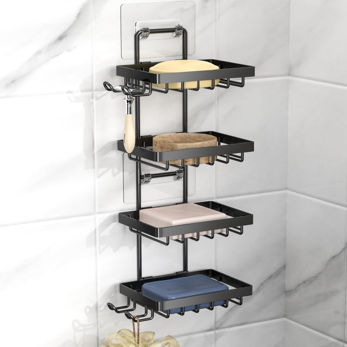 4 TIER SOAP BAR HOLDER FOR SHOWER NO DRILLING 304 STAINLESS STEEL WALL MOUNTED SOAP HOLDER WITH 4 HOOKS AND RAZOR HOLDER SHOWER RACK SOAP TRAY BAR SOAP FOR BATHROOM ACCESSORIES ORGANIZER