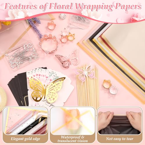 LifeisLuck 318PCS Flower Wrapping Paper Bouquet Kit, 60 Sheets Waterproof Florist Bouquet Paper Floral Packaging Paper Gifts Bulk for Mother's Day Wedding Birthday with Ribbon, 3D Butterfly, Crowns, Pins, Cards - Image 4