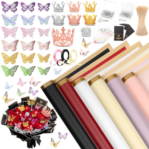 LifeisLuck 318PCS Flower Wrapping Paper Bouquet Kit, 60 Sheets Waterproof Florist Bouquet Paper Floral Packaging Paper Gifts Bulk for Mother's Day Wedding Birthday with Ribbon, 3D Butterfly, Crowns, Pins, Cards - Image 1
