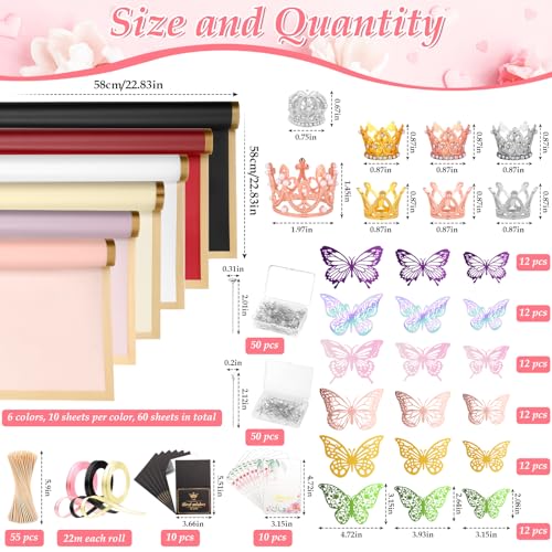 LifeisLuck 318PCS Flower Wrapping Paper Bouquet Kit, 60 Sheets Waterproof Florist Bouquet Paper Floral Packaging Paper Gifts Bulk for Mother's Day Wedding Birthday with Ribbon, 3D Butterfly, Crowns, Pins, Cards - Image 3