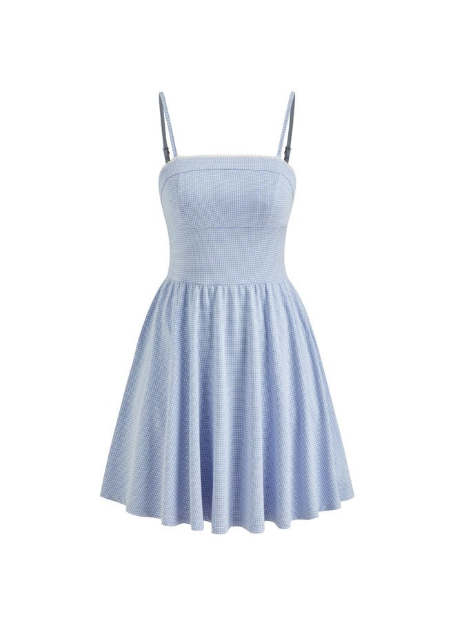 CIDER Women's Gingham Mini Dress for Summer Plaid Dresses Flowy Trendy Sun Dress Baby Blue - Image 1