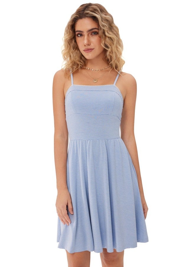CIDER Women's Gingham Mini Dress for Summer Plaid Dresses Flowy Trendy Sun Dress Baby Blue - Image 4