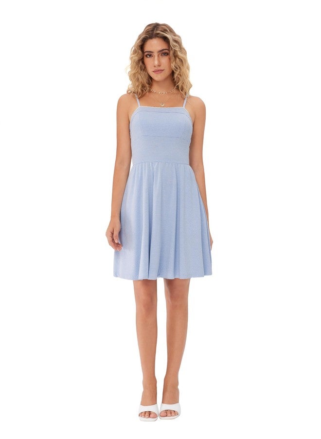 CIDER Women's Gingham Mini Dress for Summer Plaid Dresses Flowy Trendy Sun Dress Baby Blue - Image 2
