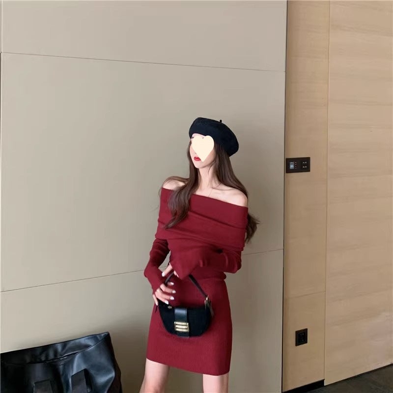 Autumn Womens Wear 2025 New High-end Long-sleeved off-shoulder Knitted dress Red Hip Skirt for Children LZ6691 Red - Image 2