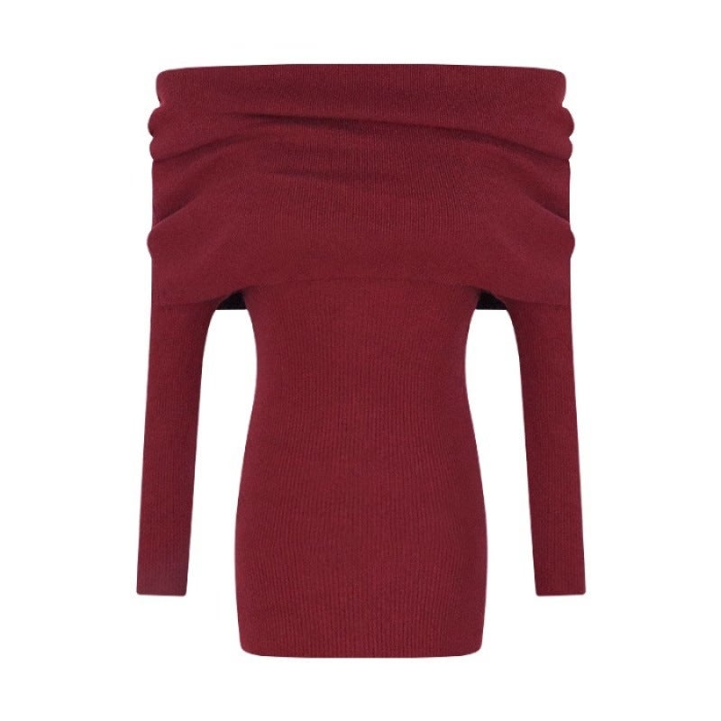 Autumn Womens Wear 2025 New High-end Long-sleeved off-shoulder Knitted dress Red Hip Skirt for Children LZ6691 Red - Image 1