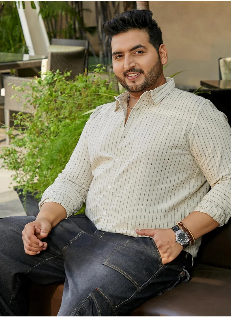 انستافاب بلس Instafab Plus Men's Canvas Beige Chalk-Striped Shirt For Casual Wear | Spread Collar | Long Cuffed Sleeves | Button Closure | Plus Size Shirt Crafted With Comfort Fit For Everyday Wear