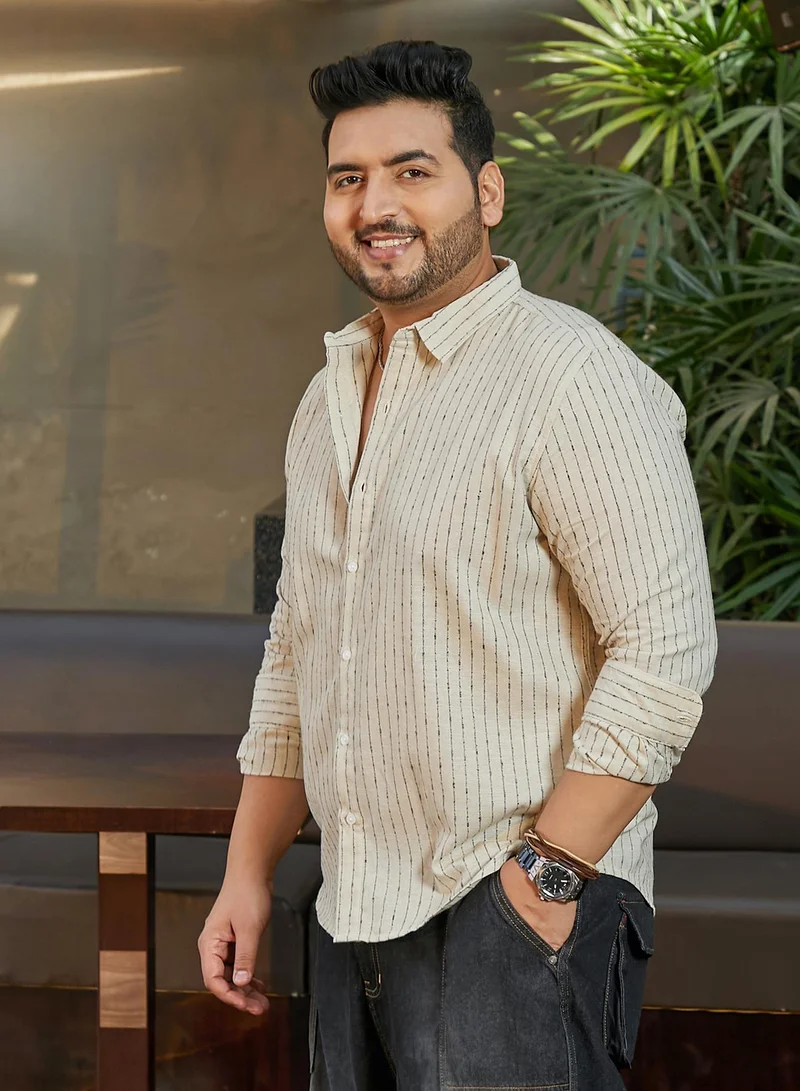 Instafab Plus Instafab Plus Men's Canvas Beige Chalk-Striped Shirt For Casual Wear | Spread Collar | Long Cuffed Sleeves | Button Closure | Plus Size Shirt Crafted With Comfort Fit For Everyday Wear