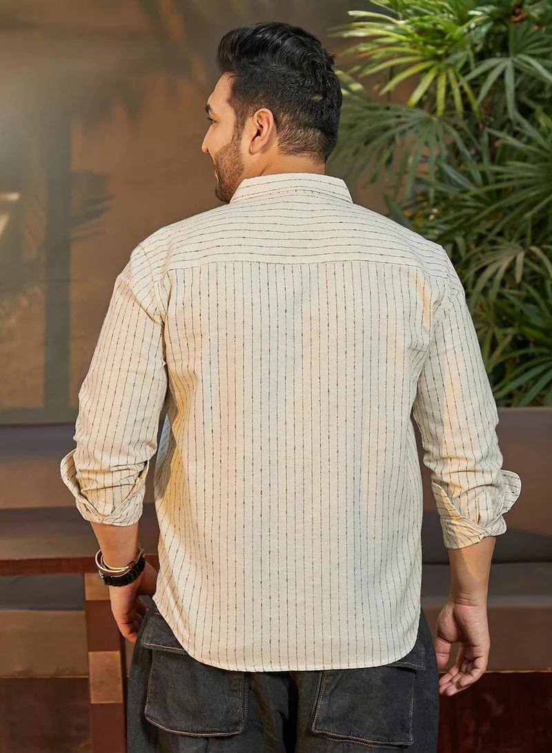Instafab Plus Instafab Plus Men's Canvas Beige Chalk-Striped Shirt For Casual Wear | Spread Collar | Long Cuffed Sleeves | Button Closure | Plus Size Shirt Crafted With Comfort Fit For Everyday Wear