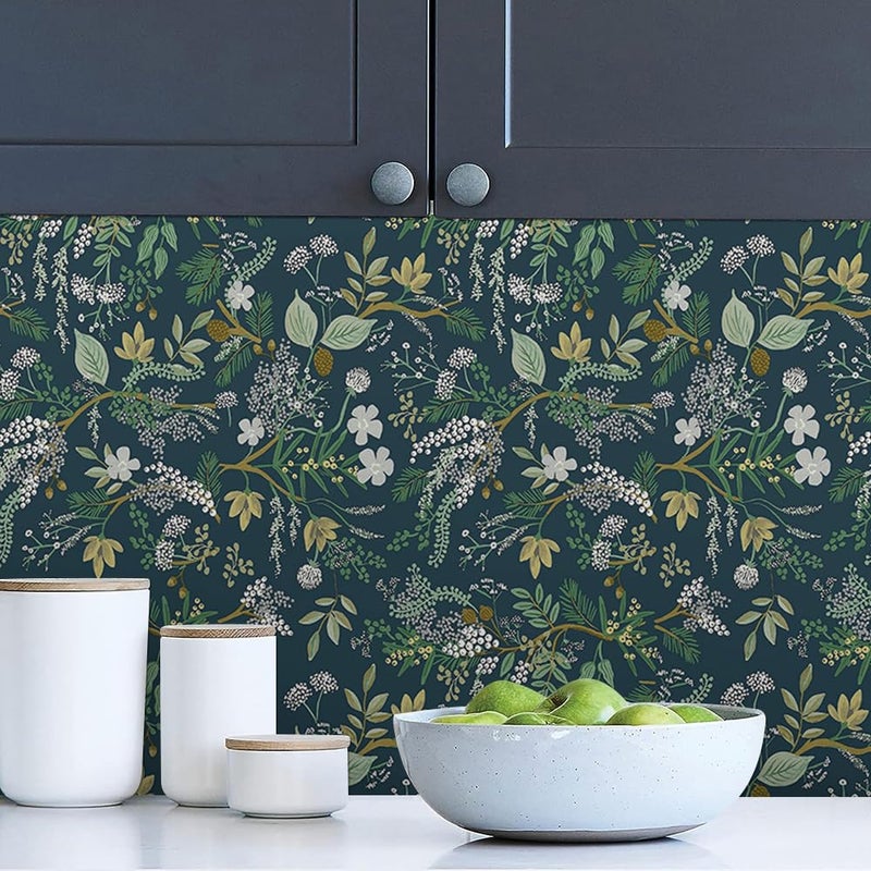 MuralPeel Vintage Blue Green Navy Leaf White Wildflower Plants Botanical Peel and Stick Wallpaper Easy Peel Off Self Adhesive Removable Stick on Wall Paper for Kitchen Renter Friendly - Image 3