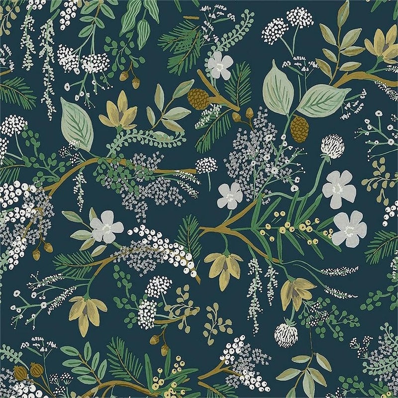 MuralPeel Vintage Blue Green Navy Leaf White Wildflower Plants Botanical Peel and Stick Wallpaper Easy Peel Off Self Adhesive Removable Stick on Wall Paper for Kitchen Renter Friendly - Image 1