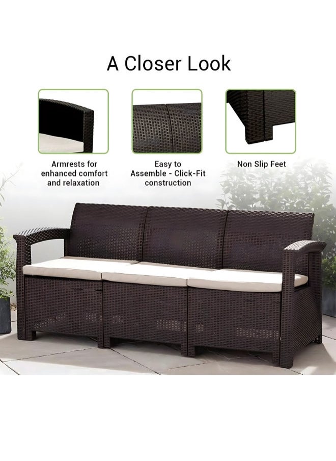 SULSHA - 3 Seater Balcony Sofa with Cushion Indoor & Outdoor Furniture Patio Chair Three Seater Perfect for Gardens Poolside Cafes Restaurants, Rattan sofa and Terraces Weathered Brown - Image 1
