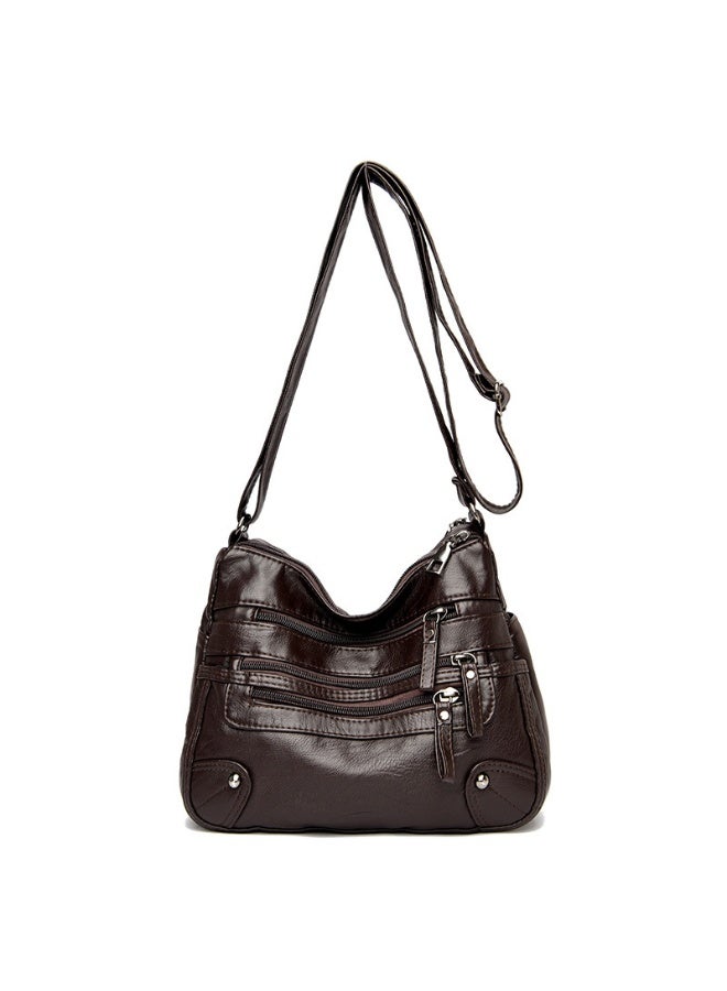 New Women's Soft Leather Shoulder Bag - Stylish and Versatile Double-Layer Crossbody Bag, Korean Version Large Capacity Washable Leather Small Bag 