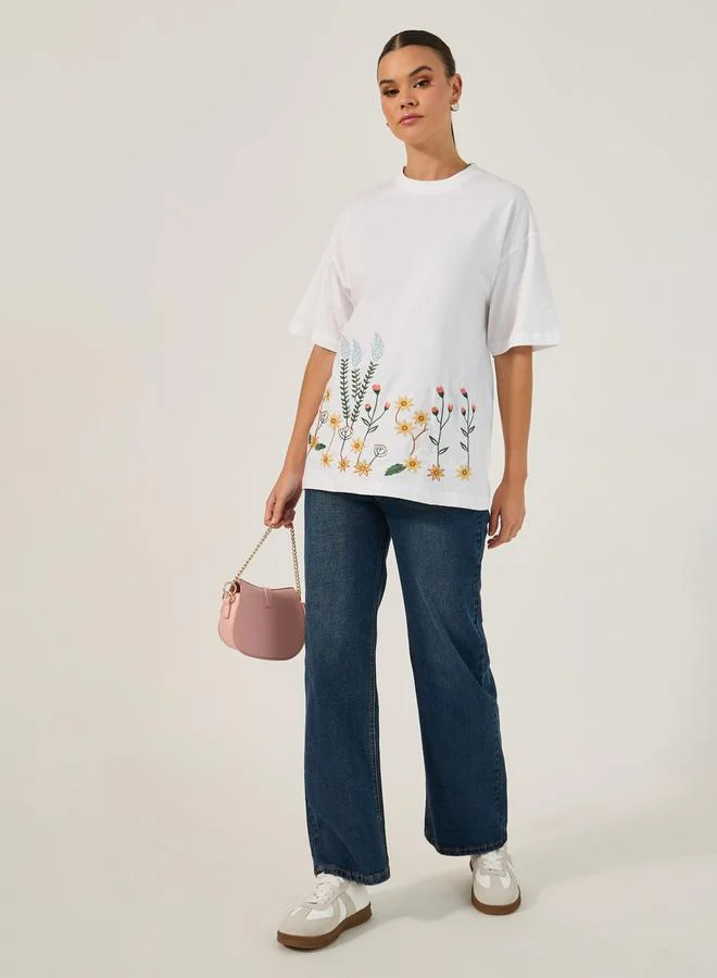 Styli Embroidered Oversized Round Neck T-Shirt