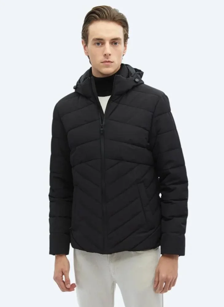 Kip Black Regular Fit Hooded Casual Weaving Coat