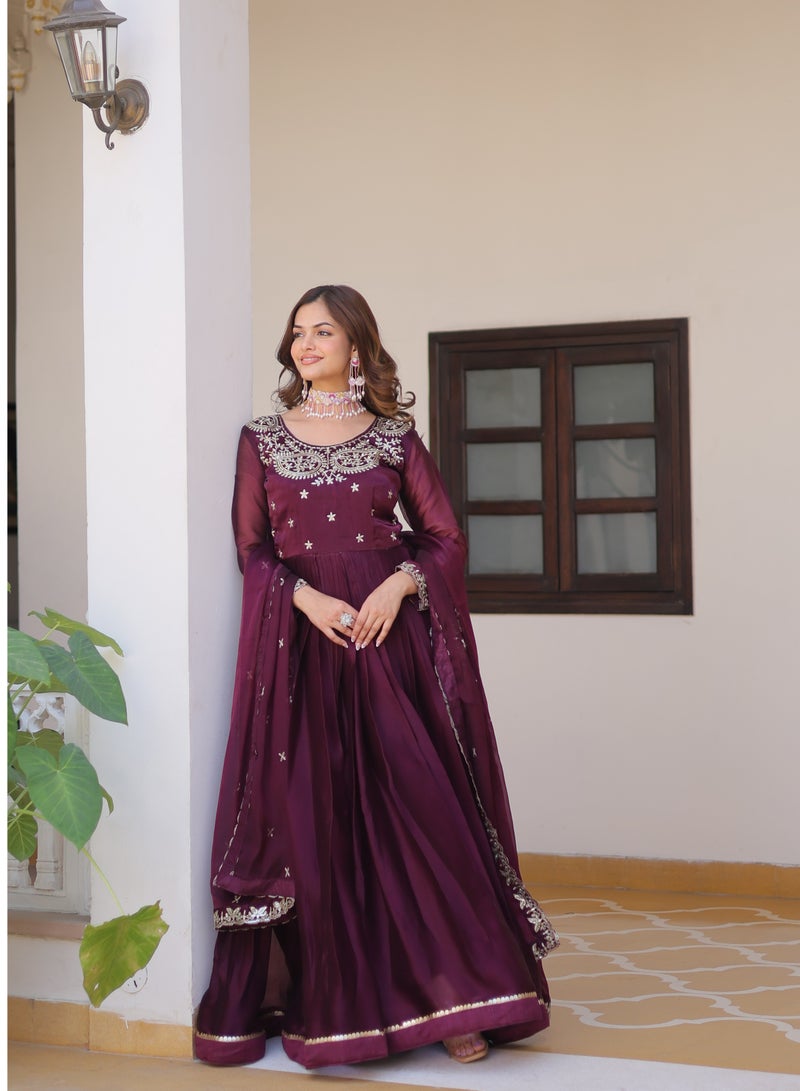 Super Asian "New Luxurious Pure MULBRRY Silk Gown with Heavy Sequence Embroidery & Lace Detailing – Includes Micro Cotton Inner & Elegant Matching Dupatta" - Image 1