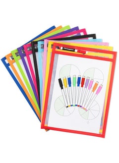 TYH Supplies 10 Pack Heavy Duty Dry Erase Pocket Sleeves | 10 X 14 Inch Sheets | 10 Assorted Colors | Ultra Clear Plastic Erasable Pockets  - Image 1
