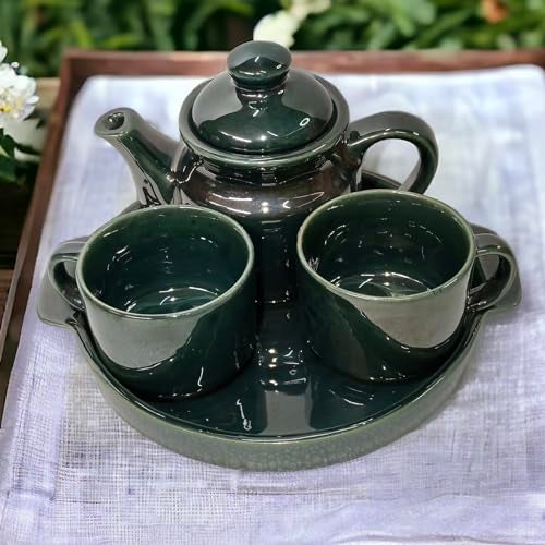 BACKKSPACE RETAIL Teapot Set - Antique Green with 2 Cups (160ML), 1 Kettle (450ML), and 1 Plate | Use for Gift, Office, Home | Lead-Free and Non-Toxic Ceramic Material That Makes It Safe for Health - Image 1