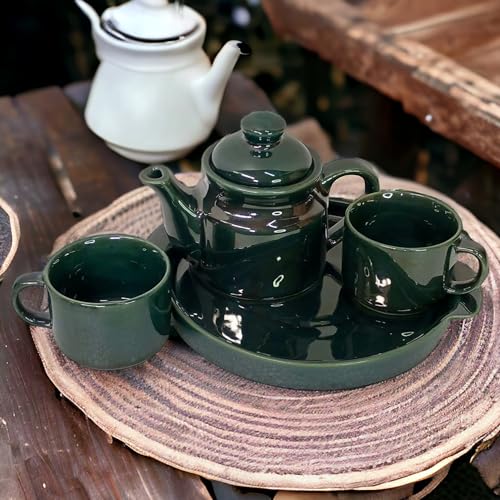 BACKKSPACE RETAIL Teapot Set - Antique Green with 2 Cups (160ML), 1 Kettle (450ML), and 1 Plate | Use for Gift, Office, Home | Lead-Free and Non-Toxic Ceramic Material That Makes It Safe for Health - Image 2
