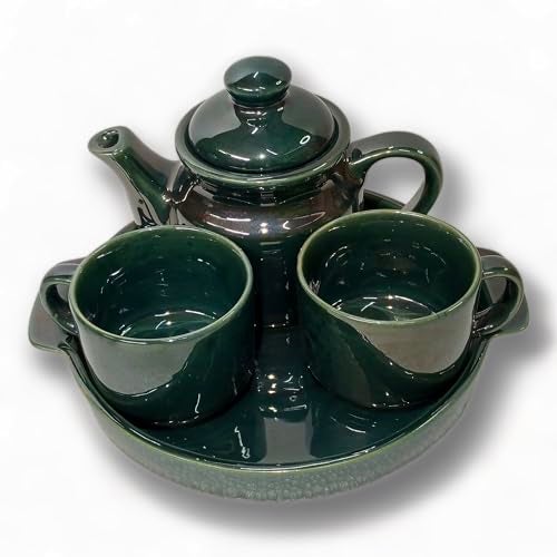 BACKKSPACE RETAIL Teapot Set - Antique Green with 2 Cups (160ML), 1 Kettle (450ML), and 1 Plate | Use for Gift, Office, Home | Lead-Free and Non-Toxic Ceramic Material That Makes It Safe for Health - Image 3