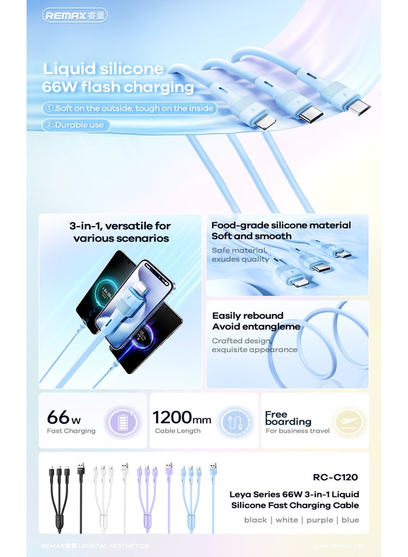 REMAX كابل شحن سريع RC-C120 Leya Series 66 وات 3 في 1 من السيليكون السائل، 1 منفذ USB-A إلى 1 منفذ Type-C+، 1 منفذ Lightning+، 1 منفذ Micro USB، 1.2 متر، أبيض - Image 2