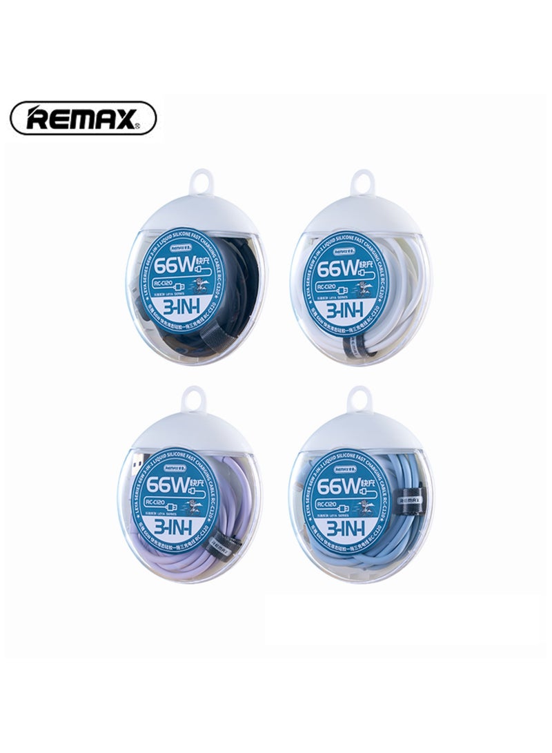 REMAX كابل شحن سريع RC-C120 Leya Series 66 وات 3 في 1 من السيليكون السائل، 1 منفذ USB-A إلى 1 منفذ Type-C+، 1 منفذ Lightning+، 1 منفذ Micro USB، 1.2 متر، أبيض - Image 3