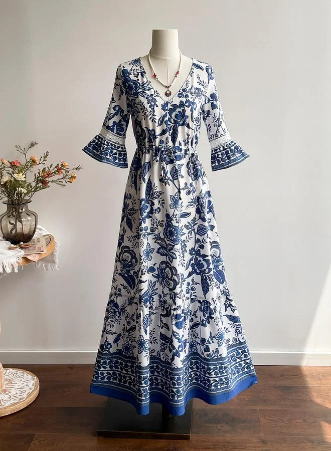 تايك تو Take Two Floral Printed V Neck A-Line Maxi Dress