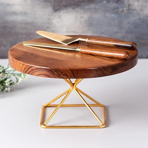 nestroots Wood & Gold Cake Stand | 10-Inch Dessert Platter for Cupcakes, Pies & Pastries | Elegant Display for Parties, Weddings & Home Decor - Image 1