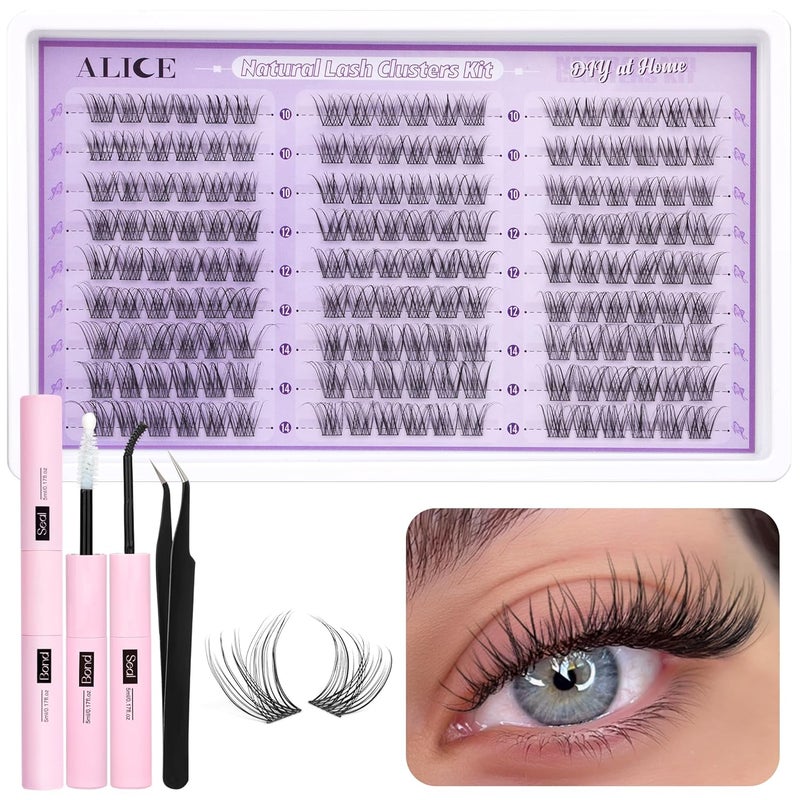 ALICE Wispy Lash Clusters Kit, Natural Lash Extension Kit Cluster Eyelash Extension Kit, 162pcs C Curl 10-14mm Eyelash Clusters with Lash Glue Bond and Seal Tweezers