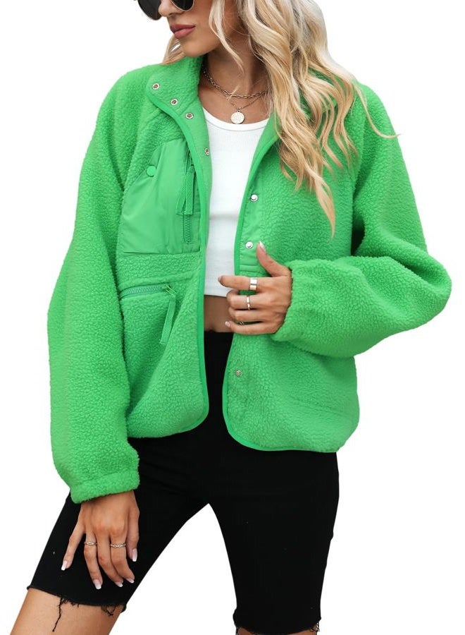 Yanekop Womens Sherpa Jacket Fuzzy Fleece Coat Long Sleeve Green Jacket Winter Coats Clothes Warm Outwear(A Fluorescent Green,M) - Image 2