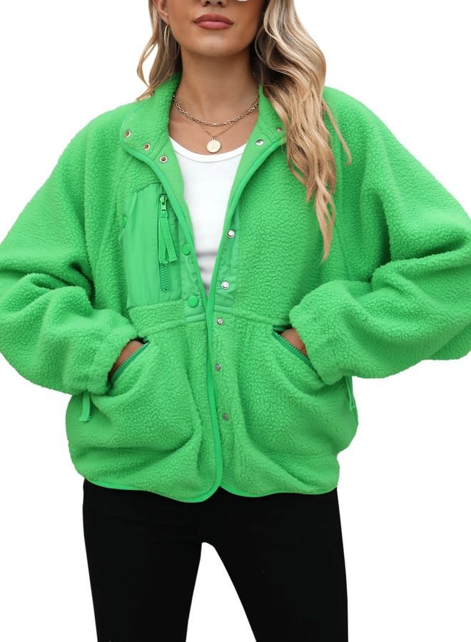 Yanekop Womens Sherpa Jacket Fuzzy Fleece Coat Long Sleeve Green Jacket Winter Coats Clothes Warm Outwear(A Fluorescent Green,M) - Image 3