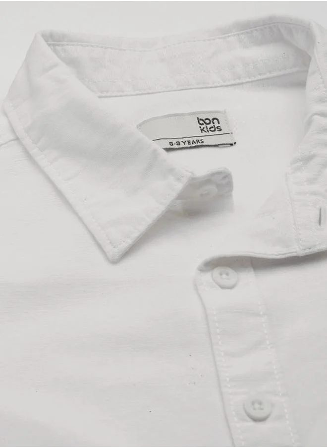 Bonkids Boy's shirts in regular fit white colour cotton fabric embellished pattern pull over closure woven weave type round collar type round neckline half sleeve length button down upper body wear type suitable for casual occasions – where comfort meets vibrant creativity!