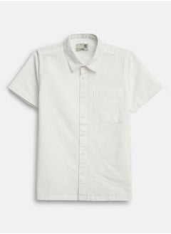 Boy's shirts in regular fit white colour cotton fabric embellished pattern pull over closure woven weave type round collar type round neckline half sleeve length button down upper body wear type suitable for casual occasions – where comfort meets vibrant creativity!