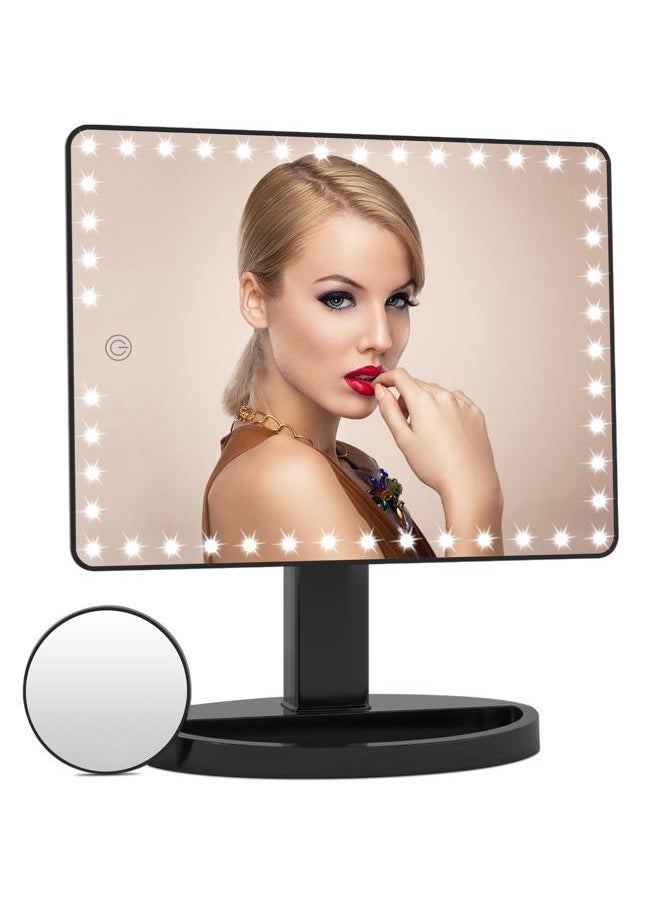 FUNTOUCH - Large Lighted Makeup Mirror with Lights, Light Up Mirror with Small 10x Magnification for Desk, 360°Rotation Touch Screen,Brightness Adjustable Tabletop Cosmetic Vanity Make Up Mirror - Image 1