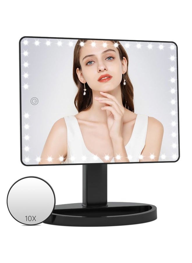 FUNTOUCH - Large Lighted Makeup Mirror with Lights, Light Up Mirror with Small 10x Magnification for Desk, 360°Rotation Touch Screen,Brightness Adjustable Tabletop Cosmetic Vanity Make Up Mirror - Image 1