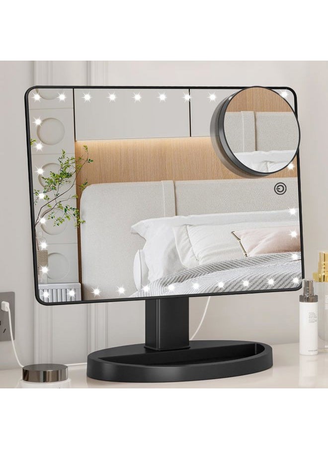 FUNTOUCH - Large Lighted Makeup Mirror with Lights, Light Up Mirror with Small 10x Magnification for Desk, 360°Rotation Touch Screen,Brightness Adjustable Tabletop Cosmetic Vanity Make Up Mirror - Image 1