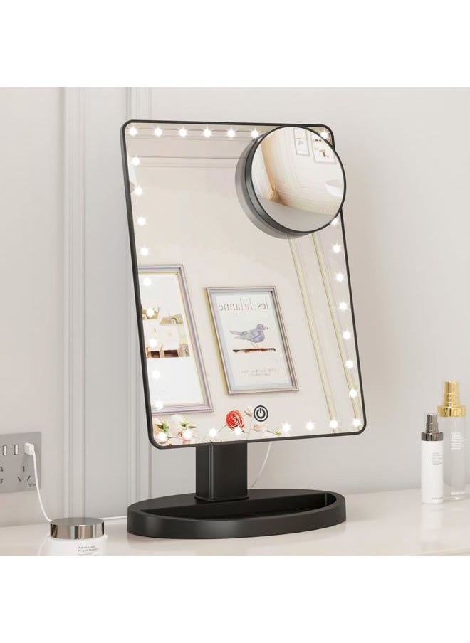 FUNTOUCH - Large Lighted Makeup Mirror with Lights, Light Up Mirror with Small 10x Magnification for Desk, 360°Rotation Touch Screen,Brightness Adjustable Tabletop Cosmetic Vanity Make Up Mirror - Image 1