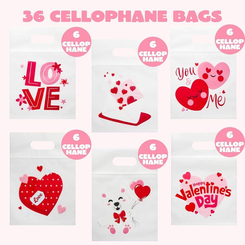 JOYIN 36 Pcs Valentine's Day Cellophane Gift Bag, Candy Treat Bag with 6 Designs for Kids Party Favor Supplies, Classroom Exchange Prizes - Image 3