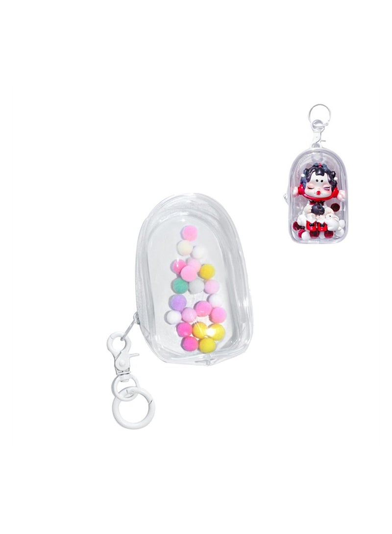 SYOSI Clear Figure Display Box with Keychain, 2PCS PVC Doll Bag Keychain Charms with Pompom Ball for Collectibles, Dustproof Waterproof Small Doll Storage Bag Hanging Organizer Zipper Case - Image 1
