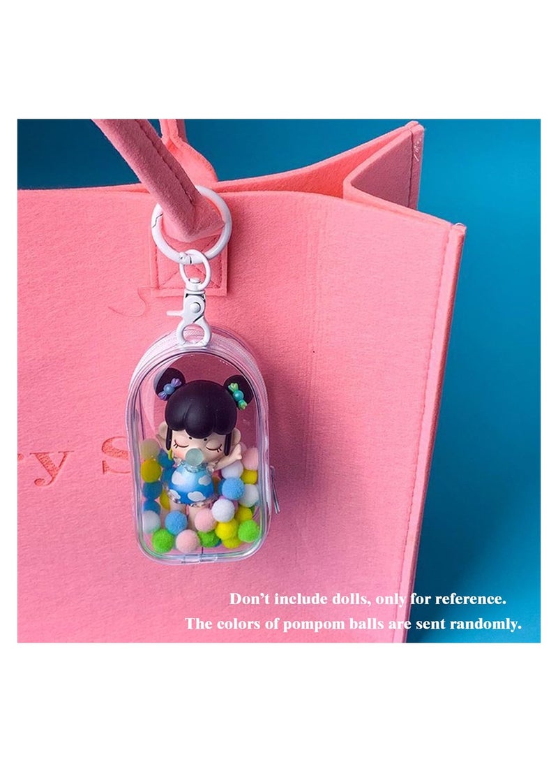 SYOSI Clear Figure Display Box with Keychain, 2PCS PVC Doll Bag Keychain Charms with Pompom Ball for Collectibles, Dustproof Waterproof Small Doll Storage Bag Hanging Organizer Zipper Case - Image 2
