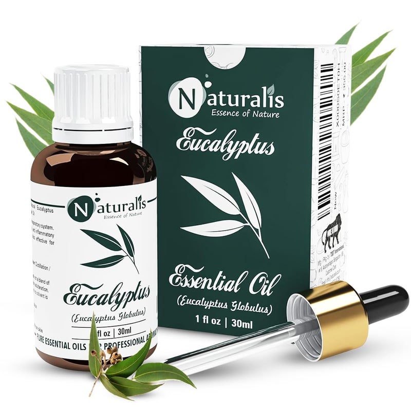 Naturalis زيت الأوكالبتوس الأساسي - زيت الأوكالبتوس النقي للعلاج بالروائح، والعناية بالبشرة والشعر، والتدليك، واستنشاق البخار، واستخدامه في الناشرات - درجة علاجية، 30 مل - Image 1