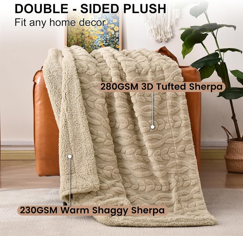PHF Fluffy Sherpa Blanket King Size (274 cm x 229cm) for Winter, Warm and Soft, 510GSM 3D Jacquard Thick Shaggy Fleece Plush Blanket for Sofa Bed, Khaki - Image 5
