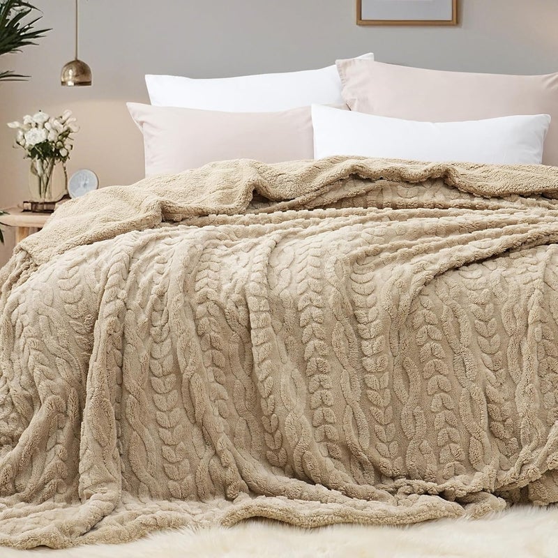 PHF Fluffy Sherpa Blanket King Size (274 cm x 229cm) for Winter, Warm and Soft, 510GSM 3D Jacquard Thick Shaggy Fleece Plush Blanket for Sofa Bed, Khaki - Image 1